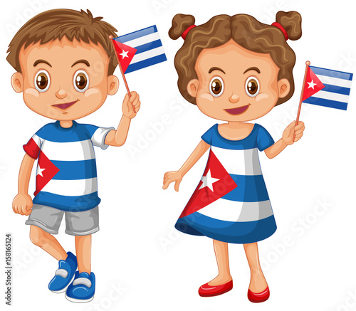 Happy boy and girl holding flag of Cuba