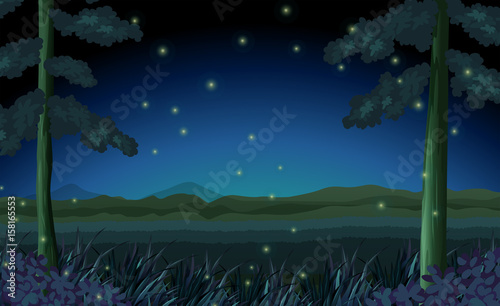 Scene with fireflies in forest at night