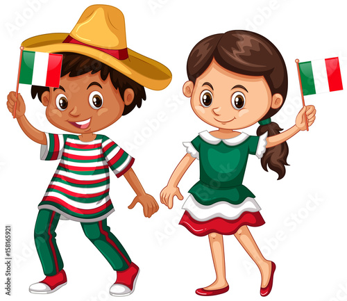 Happy boy and girl holding flag of Mexico
