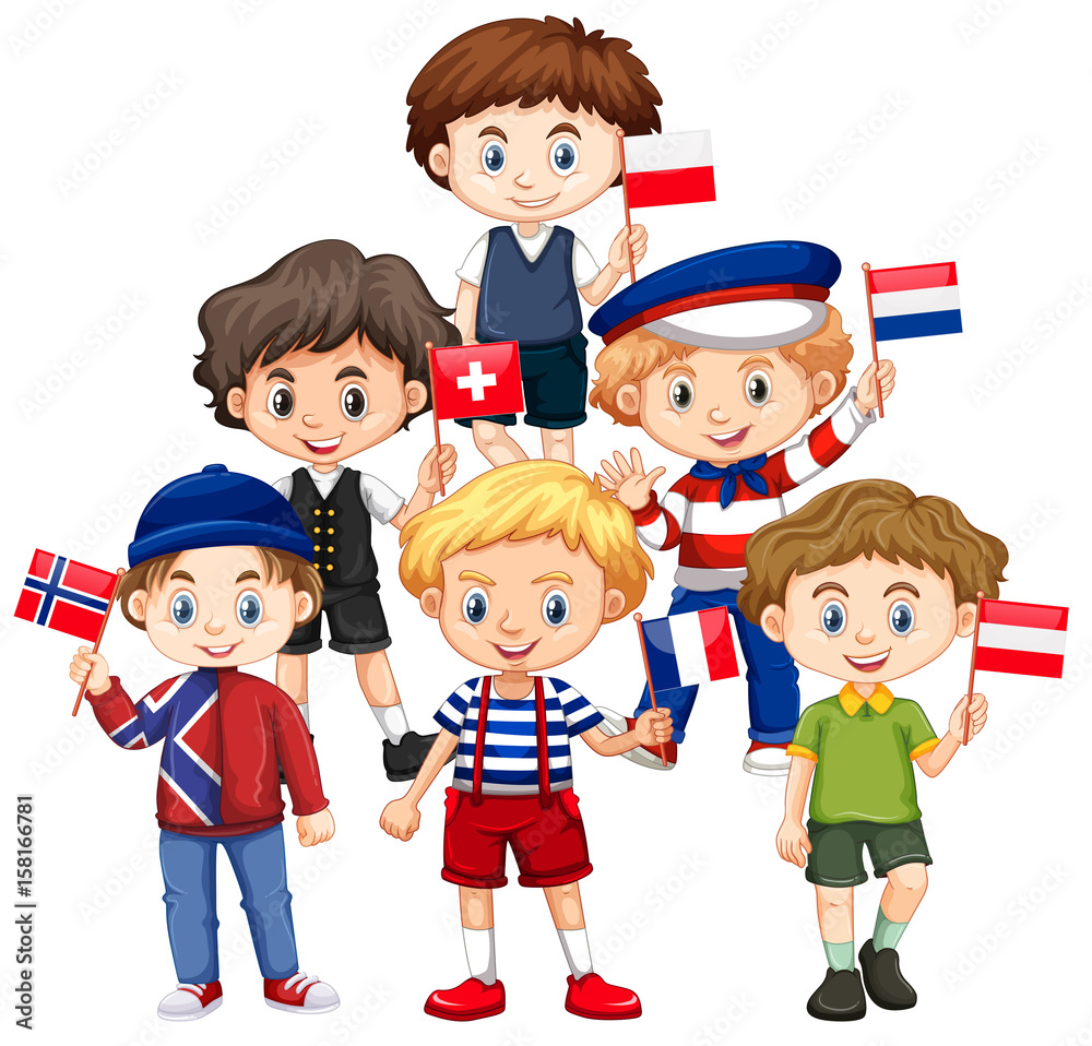 Boys holding flags from different countries Boys holding flags from different countries