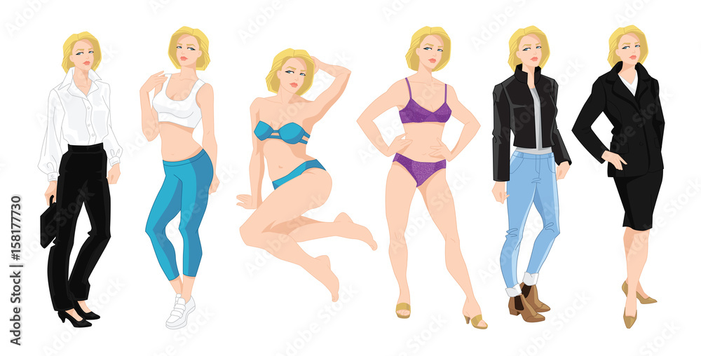 Vector illustration of woman character in different clothes and pose isolated on white background.