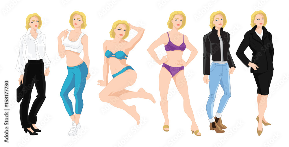 Vector illustration of woman character in different clothes and pose isolated on white background. Vector illustration of woman character in different clothes and pose isolated on white background.