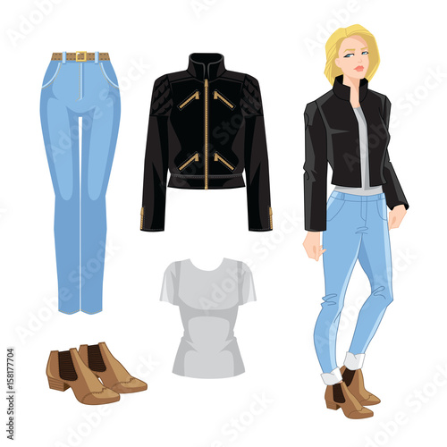 Vector illustration of blue jeans, bomber jacket and ankle boots with elastic ribbon. Young blonde girl with bob haircut on white background.