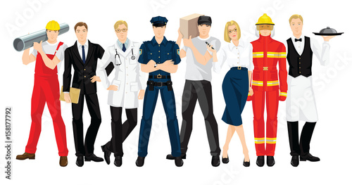 Vector illustration of professional people in different uniform and pose on white background