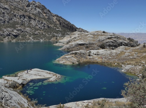 Deep dark blue mountain lake in a rocky landscape. 