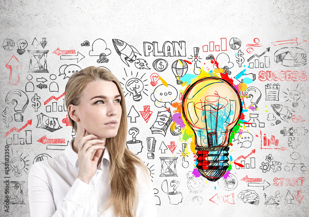 Pensive blond woman and startup idea Pensive blond woman and startup idea