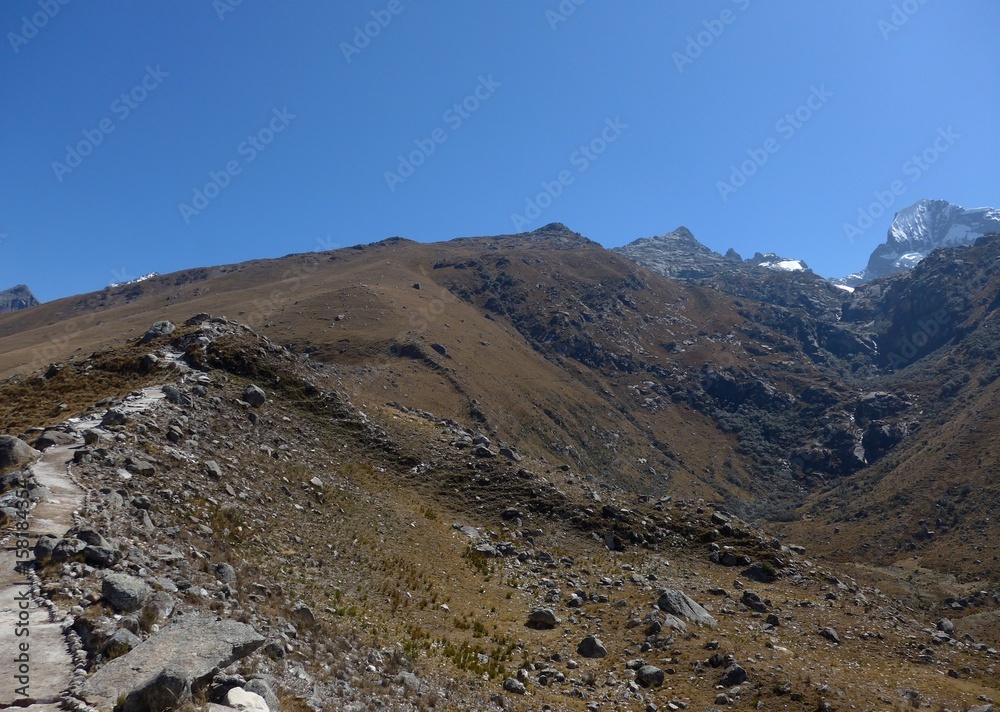 Hiking trail leading up towards the towering Churup mountain in the Cordillera Blanca Andes of Peru.