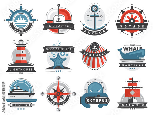 Nautical templates set marine labels sea badges anchor design emblems graphics vector illustration.