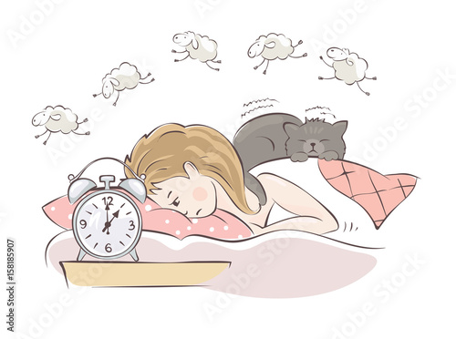 Insomnia / Girl can not fall asleep and considers sheep, vector illustration