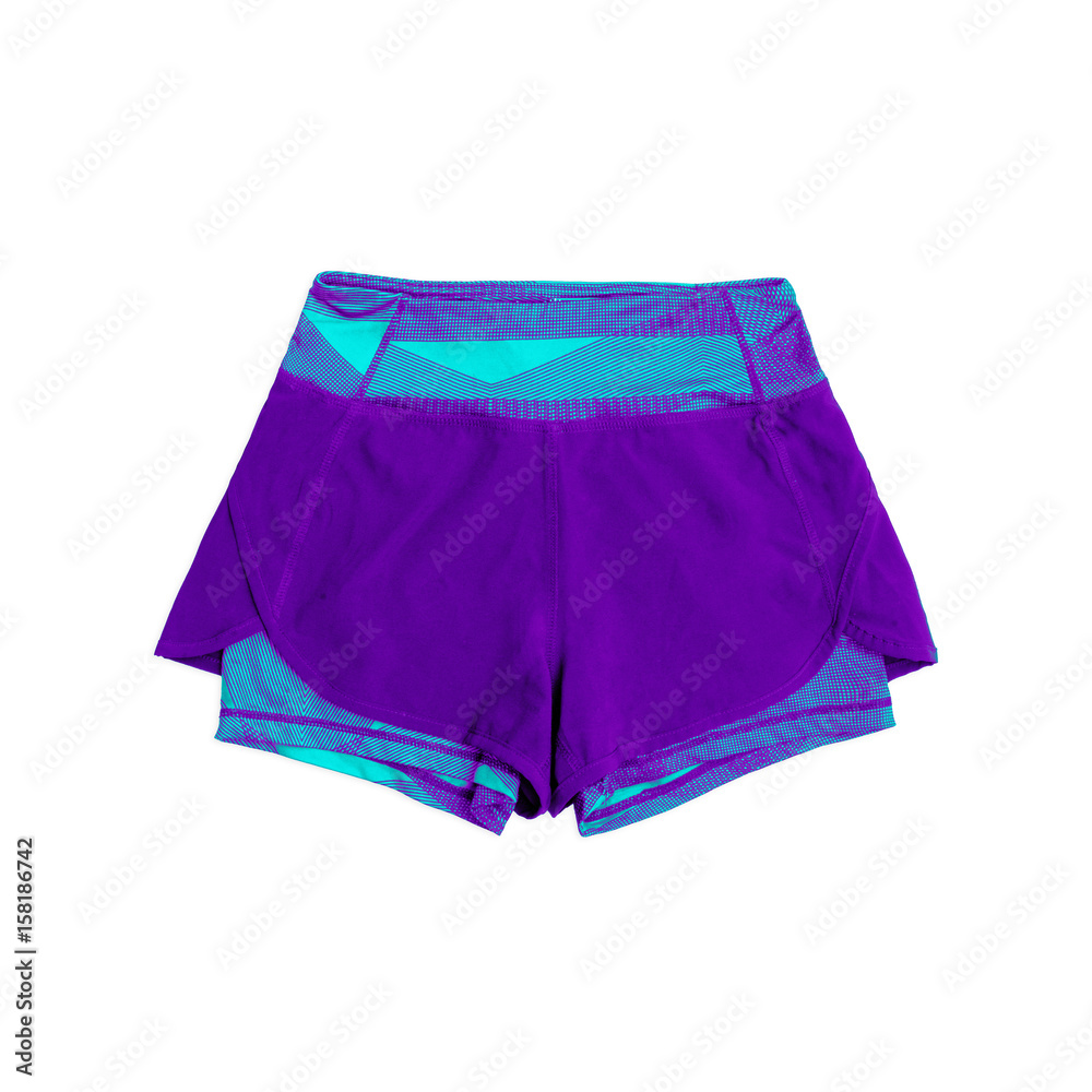 short purple and turquoise nylon sports pants isolated on white background short purple and turquoise nylon sports pants isolated on white background