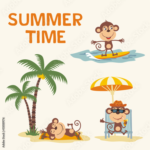 Summer time. Set happy monkey  resting on beach. Collection cartoon monkey surfing, laying under palm tree, resting in sun lounger with cocktail.
