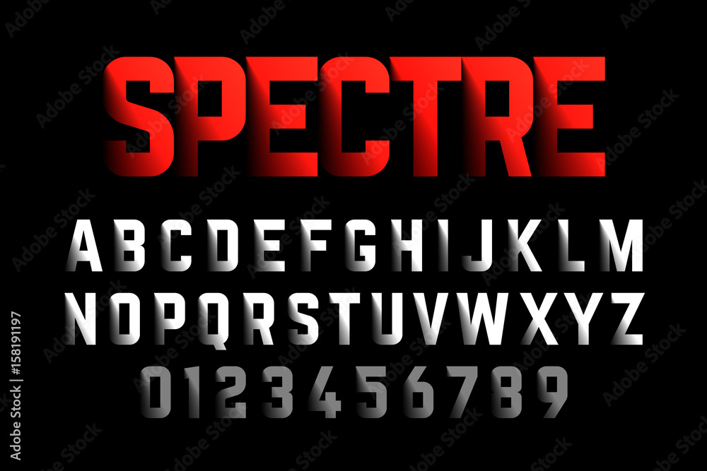 Bold style font with shadow effect, Spectre typeface, alphabet and numbers
