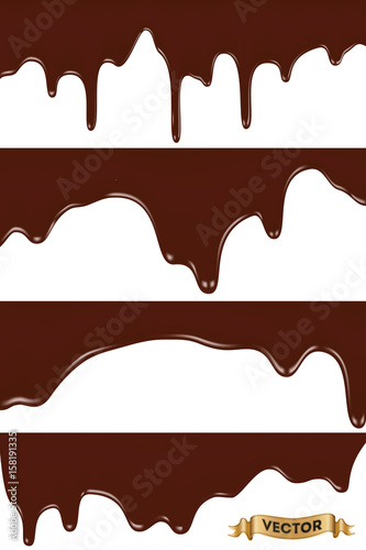 Realistic vector illustration, set of melted chocolate dripping