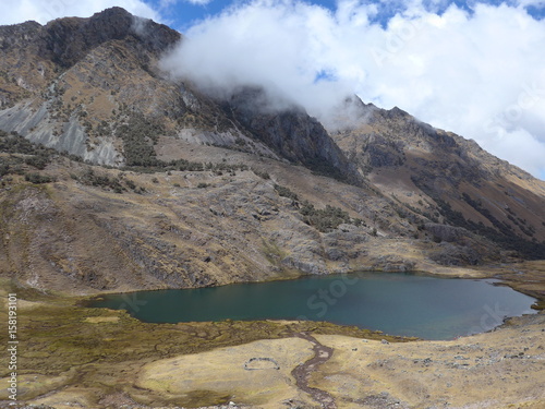 Small alpine lake and open grassland in the high Andes of Peru
