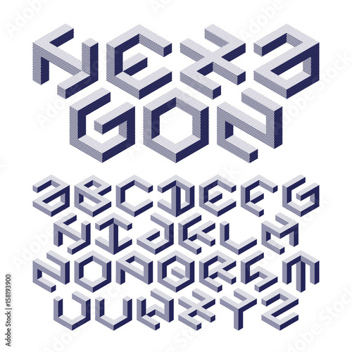 Hexagon alphabet made of impossible shapes with halftone texture
