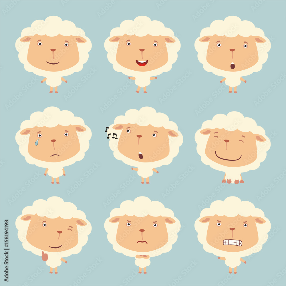 Set funny sheep in different poses. Collection isolated sheep in cartoon style for design children holiday and goods. Set funny sheep in different poses. Collection isolated sheep in cartoon style for design children holiday and goods.
