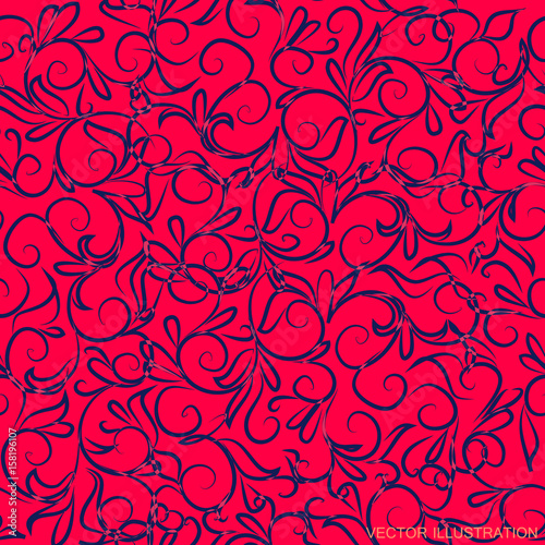 Red background with blue floral ornament. Vector illustration.
