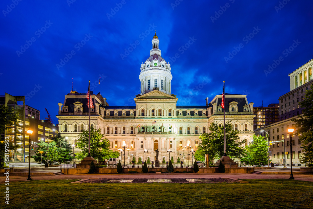 City Hall at night, in downtown Baltimore, Maryland.