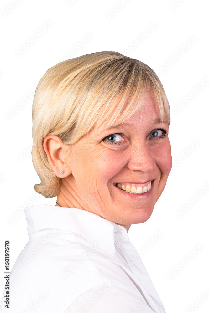 headshot of attractive blonde candid european mature woman with wite shirt - isolated on white background
