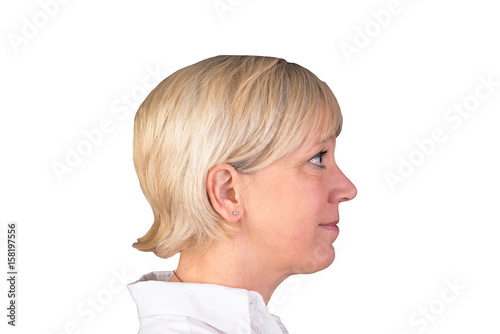 headshot of attractive blonde candid european mature woman with wite shirt - isolated on white background