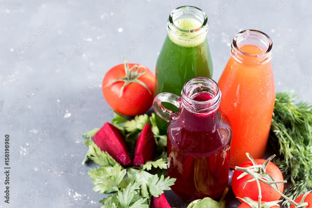 Various Freshly Squeezed Vegetable Juices Detox juice Tomatoes juice Beetroot juice Spinach and parsley juice Various Freshly Squeezed Vegetable Juices Detox juice Tomatoes juice Beetroot juice Spinach and parsley juice