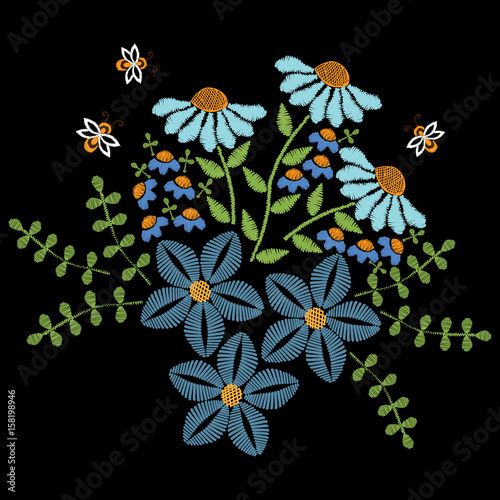 Fototapeta Naklejka Na Ścianę i Meble -  Embroidery stitches imitation blue flower with leaf and bee