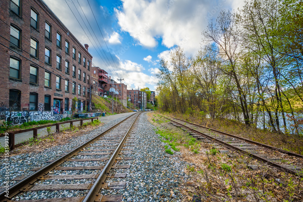 Railroad tracks and old buildings in Brattleboro, Vermont.