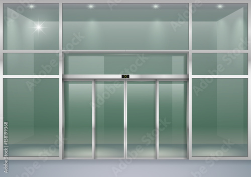 The facade of a modern shopping center or station, an airport with automatic sliding doors. Vector graphics