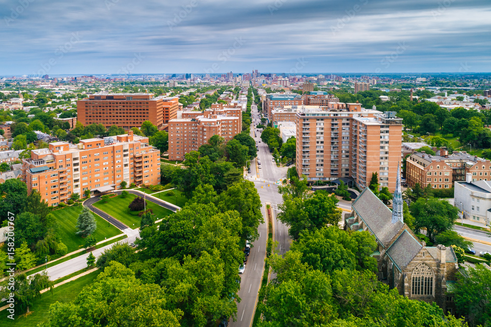 View of Guilford and Charles Village, in Baltimore, Maryland.