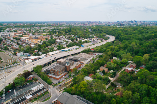 View of the Jones Falls Expressway, Woodberry and Medfield, in Baltimore, Maryland.