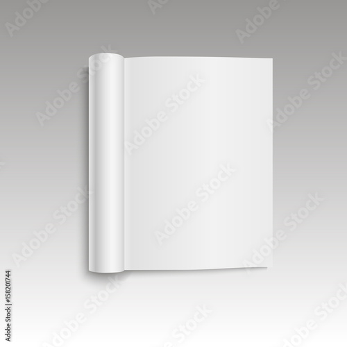 Blank mock up open magazine template on white background with soft shadows. Vector illustration
