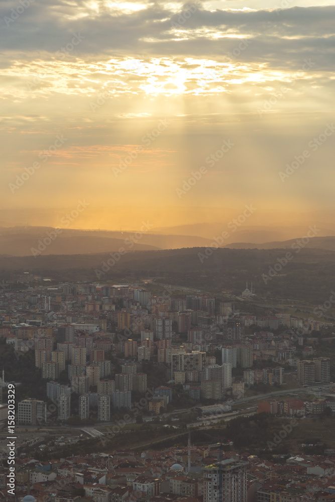 Istanbul view from air shows us amazing sunset scene