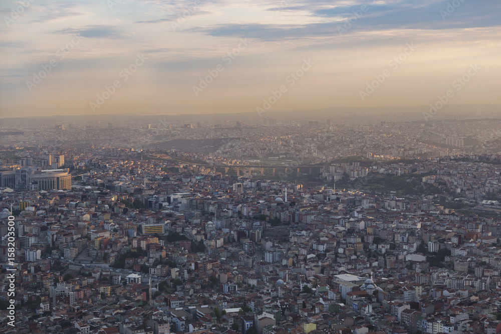 Istanbul view from air shows us amazing sunset scene