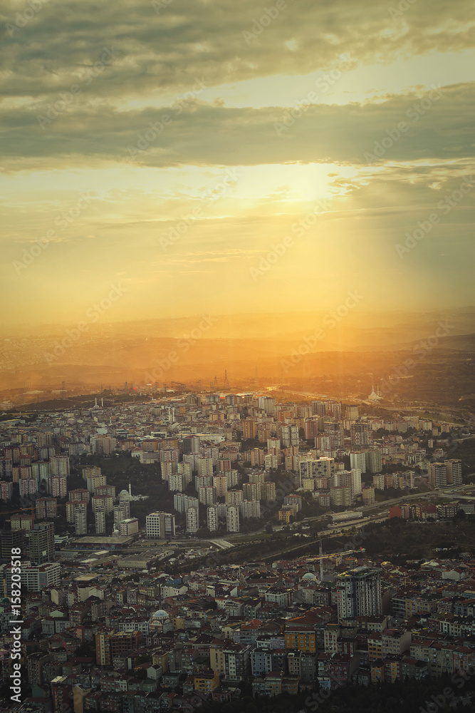 Istanbul view from air shows us amazing sunset scene