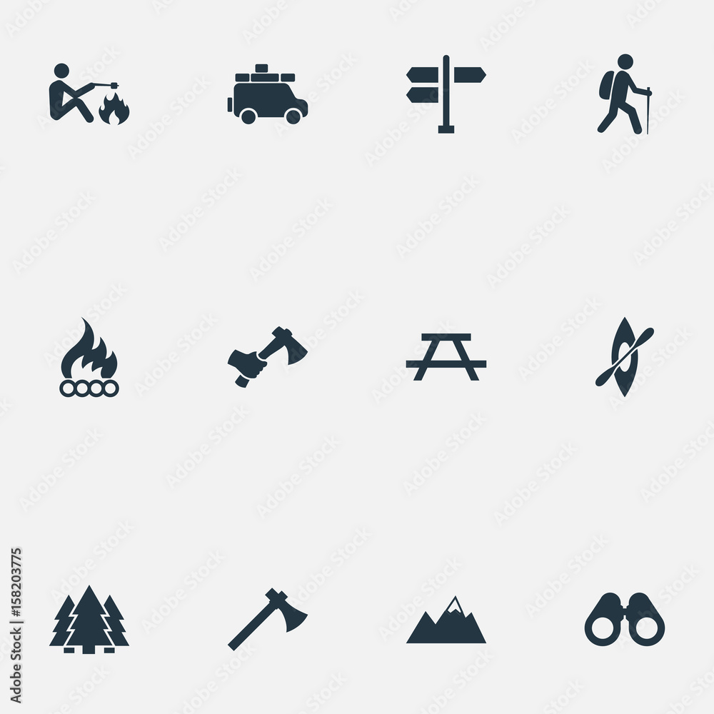 Vector Illustration Set Of Simple Tourism Icons. Elements Camper