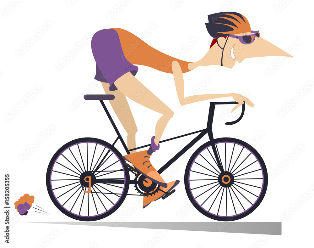 Obraz premium Cartoon man rides a bike isolated. Smiling man rides a bike and looks healthy and happy 
