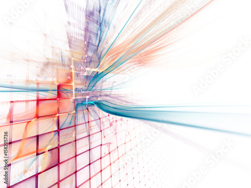 Abstract background element. Three-dimensional composition of wave shapes, grids and beams. Electronics and media concept. Red, blue yellow colors on white.