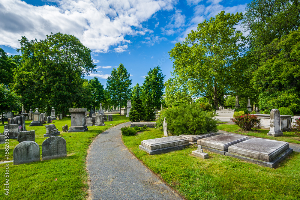 Walkway and graves at Laurel Hill Cemetery, in Philadelphia, Pennsylvania. Walkway and graves at Laurel Hill Cemetery, in Philadelphia, Pennsylvania.
