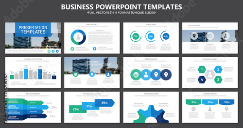 Set of green and blue elements for multipurpose presentation template slides with graphs and charts. Leaflet, corporate report, marketing, advertising, annual report, book cover design.