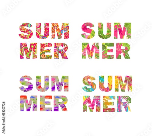 T-shirt prints collection with colorful floral summer lettering with tropical flowers, palm leaves, flamingo, paisley and fruits
