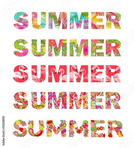 T-shirt prints collection with colorful floral summer lettering with tropical flowers, palm leaves, flamingo, paisley and fruits