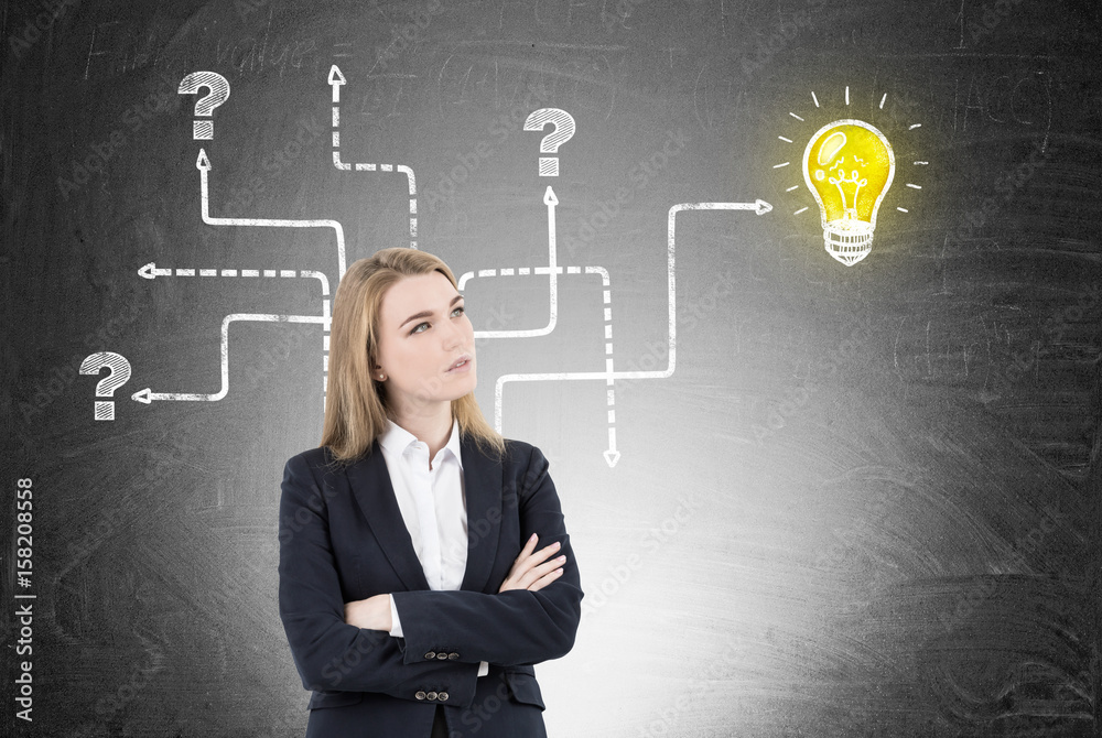 Blond crossed arms businesswoman, bulb maze Blond crossed arms businesswoman, bulb maze