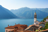 romantic view on lake como and old church tower in north Italy