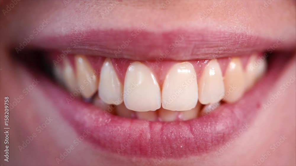 Extreme close-up of a woman smiling broadly and showing her teeth Extreme close-up of a woman smiling broadly and showing her teeth
