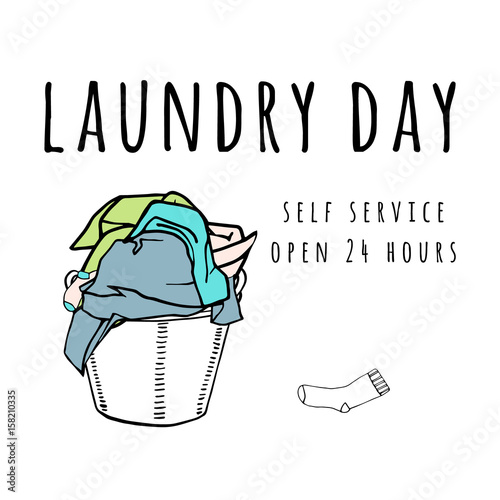 Laundry basket and colored pile of clothes. Hand drawn vector illustration.