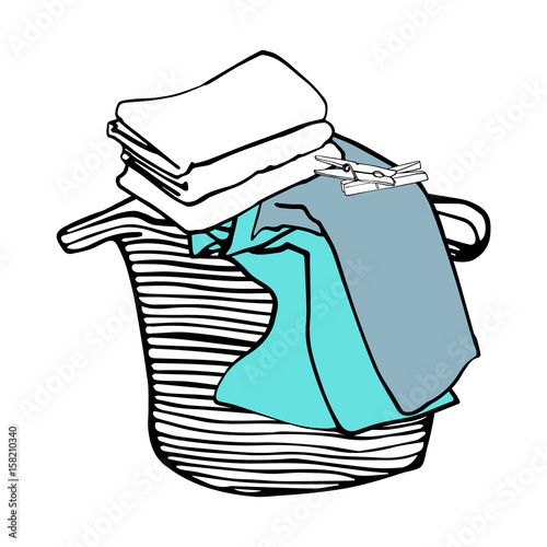 Laundry basket, colored bed linen and clothespins. Hand drawn vector illustration.