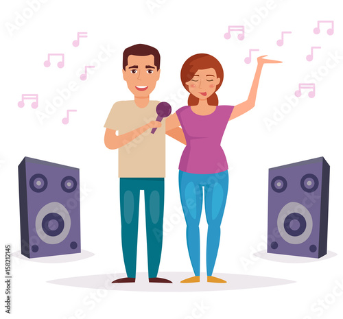 Man and woman sing karaoke