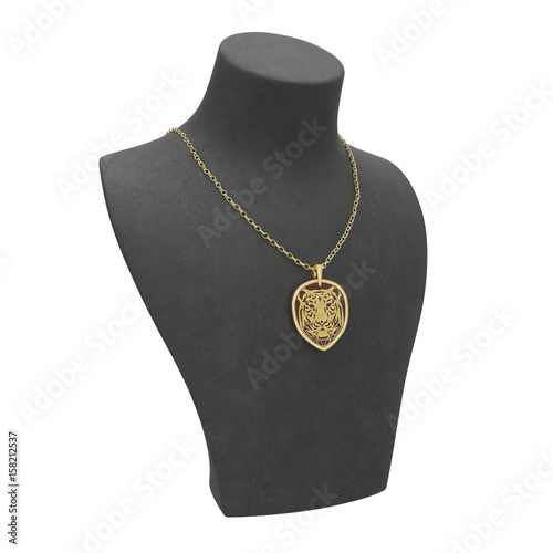 3D illustration gold necklace tiger with diamonds on a black mannequin
