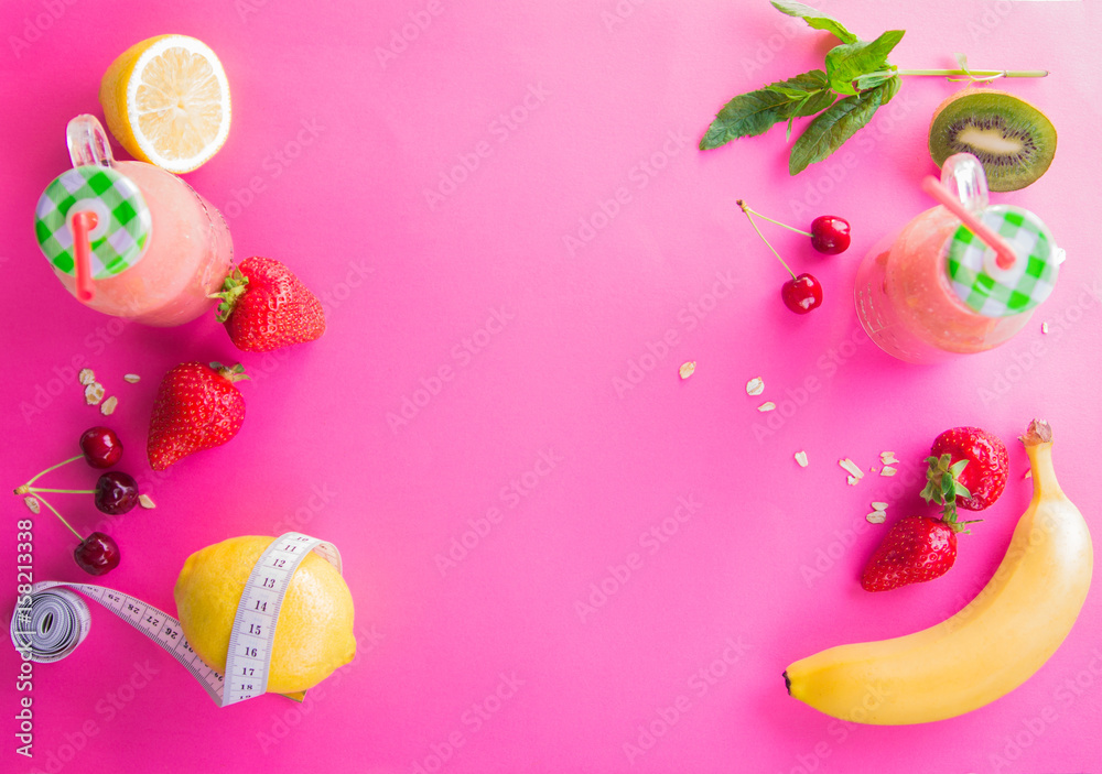 Fruity smoothie with ingredients. Healthy eating concept.
