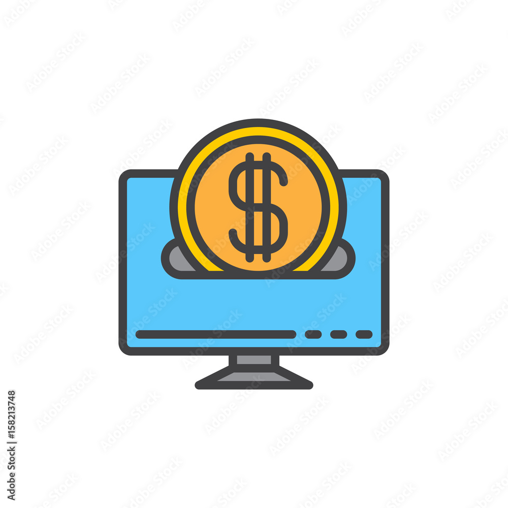 Desktop computer and coin filled outline icon, vector sign, colorful illustration Desktop computer and coin filled outline icon, vector sign, colorful illustration